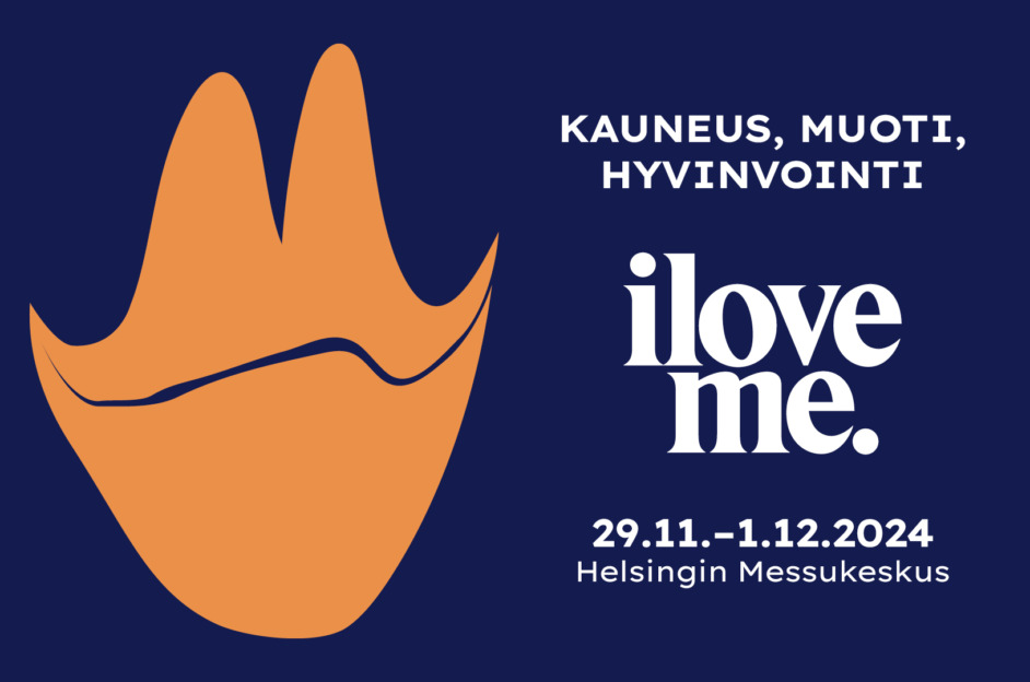 Tummansinisellä taustalla oranssit huulet, tekstinä I love me -messujen päivämäärät 29.11.-1.12.2024. Helsingin Messukeskus.